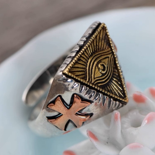 s925 sterling silver retro Thai silver fashionable personality Egyptian Pharaoh triangle eye of God men's live mouth ring s925 sterling silver retro Thai silver fashionable personality Egyptian Pharaoh triangle eye of God men's live mouth ring
