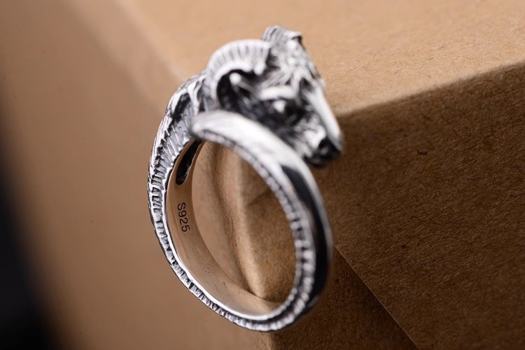 S925 Sterling Silver Retro National Wind Sanyang Kaitai Aries Zodiac sheep head open men's ring