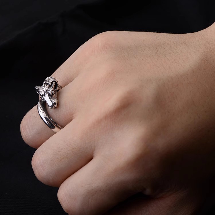 S925 Sterling Silver Retro National Wind Sanyang Kaitai Aries Zodiac sheep head open men's ring