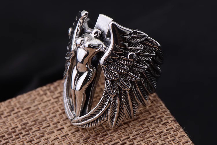S925 sterling silver jewelry big guardian angel ring retro Thai silver personality exaggerated ring man domineering ring