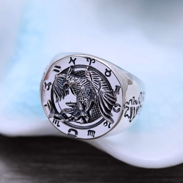s925 sterling silver retro Thai silver fashionable and domineering men's index finger ring Tai Chi Bagua four mythical beasts Su