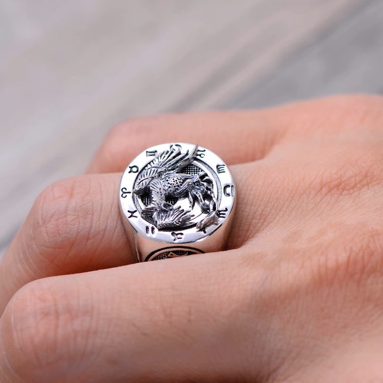 s925 sterling silver retro Thai silver fashionable and domineering men's index finger ring Tai Chi Bagua four mythical beasts Su