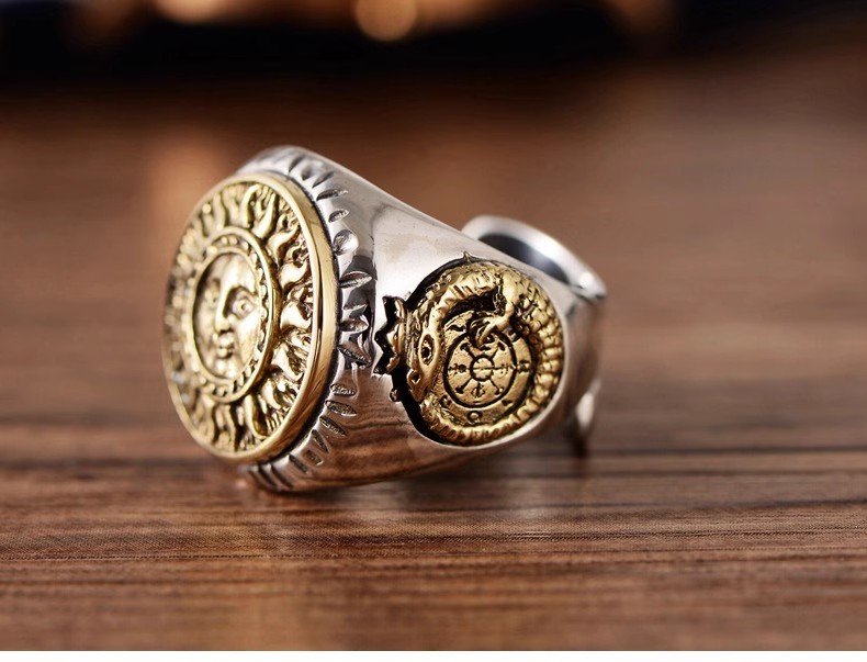 S925 Sterling Silver Retro Thai silver men's opening index finger ring fashion sun god totem pattern