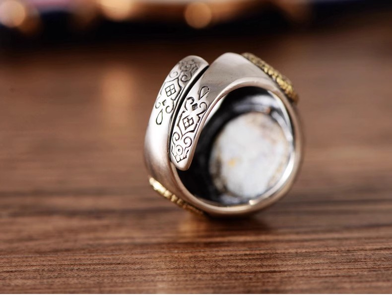 S925 Sterling Silver Retro Thai silver men's opening index finger ring fashion sun god totem pattern
