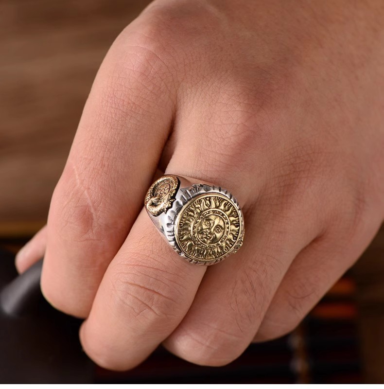 S925 Sterling Silver Retro Thai silver men's opening index finger ring fashion sun god totem pattern