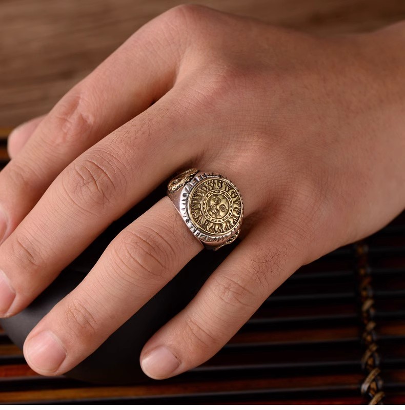 S925 Sterling Silver Retro Thai silver men's opening index finger ring fashion sun god totem pattern