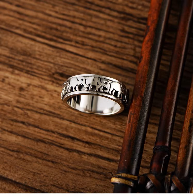 S925 sterling silver jewelry hand ornaments Thai silver simple men's personalized rotating elephant ring zodiac year female ring