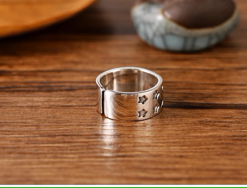 s925 sterling silver retro Thai silver fashion simple trendy smiling face male and female couple ring five-pointed star ring Kor