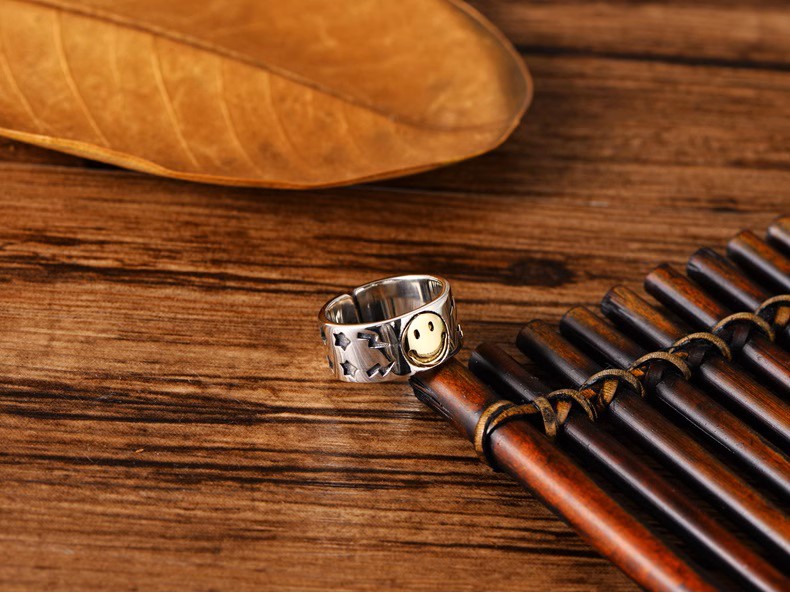 s925 sterling silver retro Thai silver fashion simple trendy smiling face male and female couple ring five-pointed star ring Kor