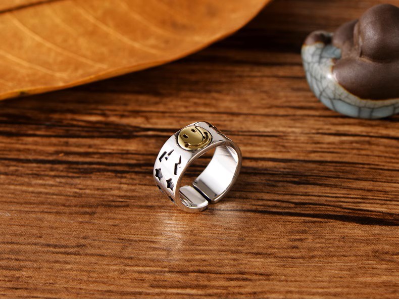 s925 sterling silver retro Thai silver fashion simple trendy smiling face male and female couple ring five-pointed star ring Kor