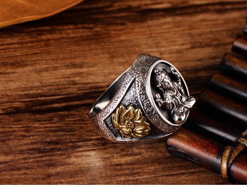 S925 sterling silver jewelry retro Thai silver elephant nose simple ring lotus ring men's personality domineering index ring