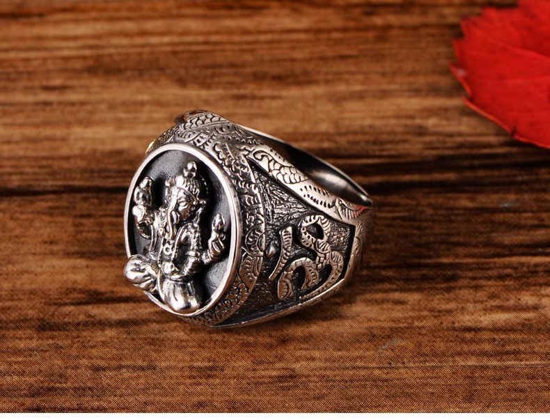 S925 sterling silver jewelry retro Thai silver elephant nose simple ring lotus ring men's personality domineering index ring