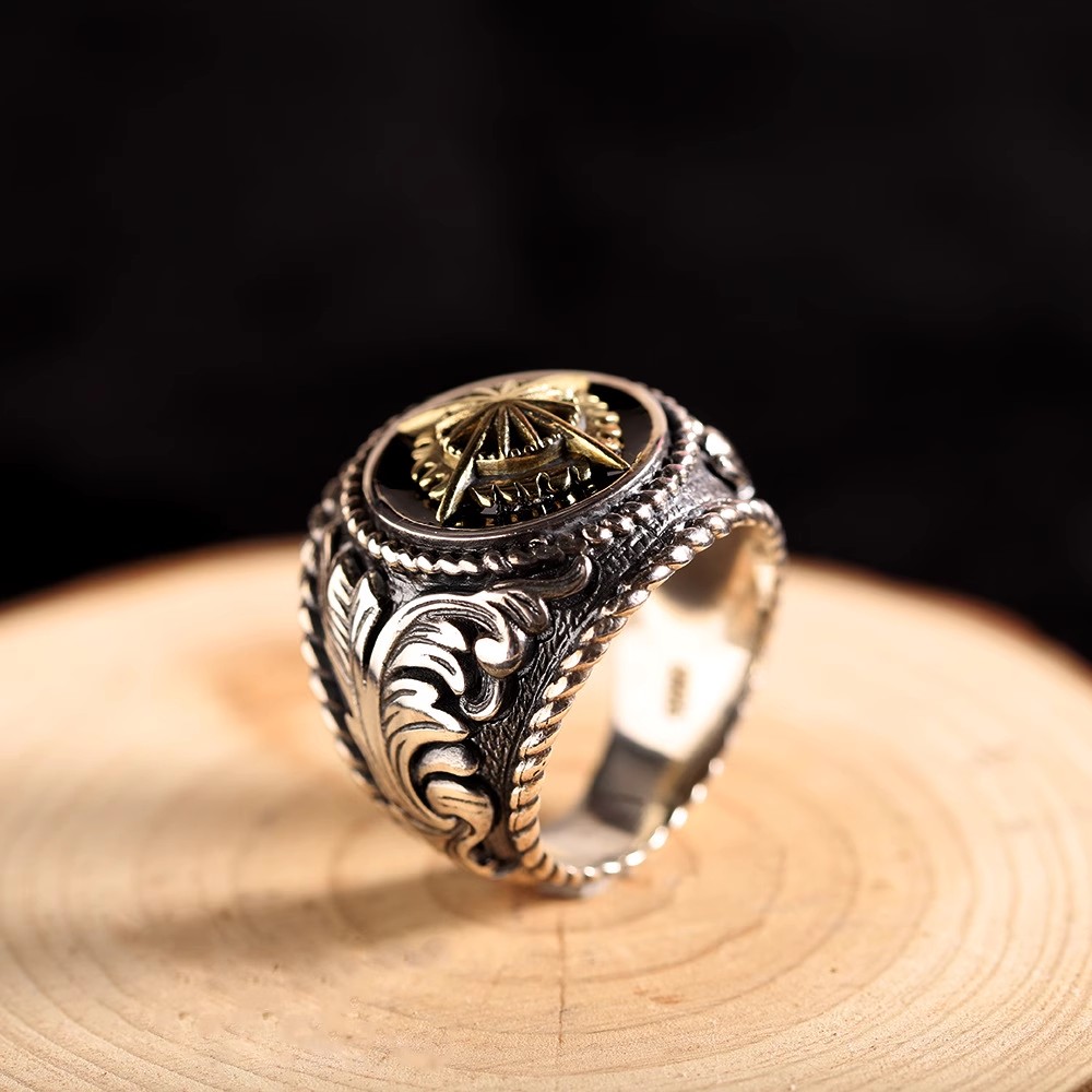 S925 sterling silver vintage Thai Silver Men's fashion domineering Sun Guteng totem grain ethnic atmosphere index ring