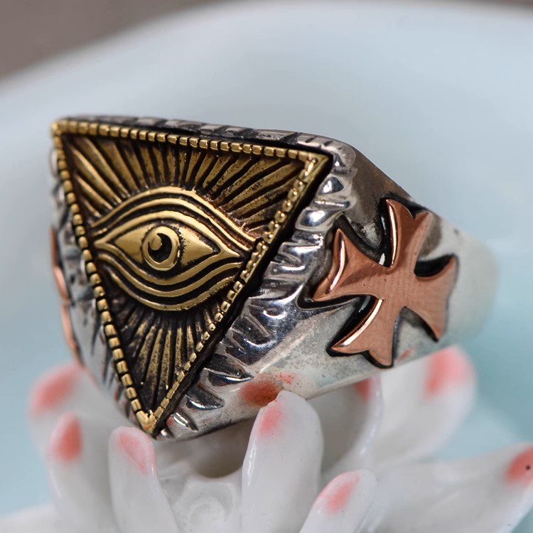 s925 sterling silver retro Thai silver fashionable personality Egyptian Pharaoh triangle eye of God men's live mouth ring