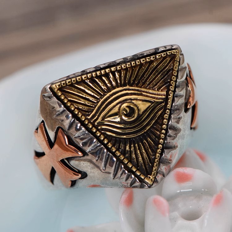 s925 sterling silver retro Thai silver fashionable personality Egyptian Pharaoh triangle eye of God men's live mouth ring