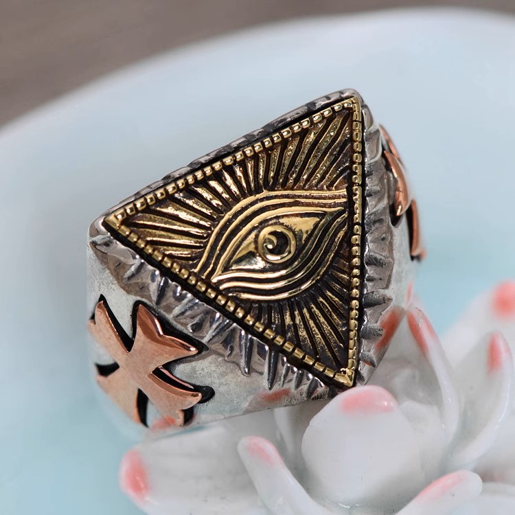s925 sterling silver retro Thai silver fashionable personality Egyptian Pharaoh triangle eye of God men's live mouth ring