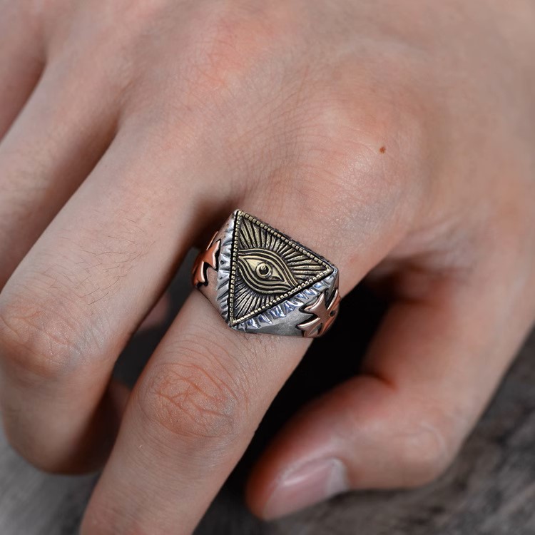 s925 sterling silver retro Thai silver fashionable personality Egyptian Pharaoh triangle eye of God men's live mouth ring