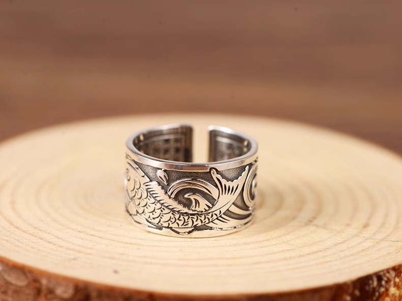 S999 sterling silver retro Thai silver koi carp carp heart by Lady, male open type ring with fish index ring year after year