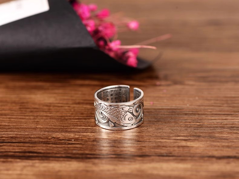 S999 sterling silver retro Thai silver koi carp carp heart by Lady, male open type ring with fish index ring year after year