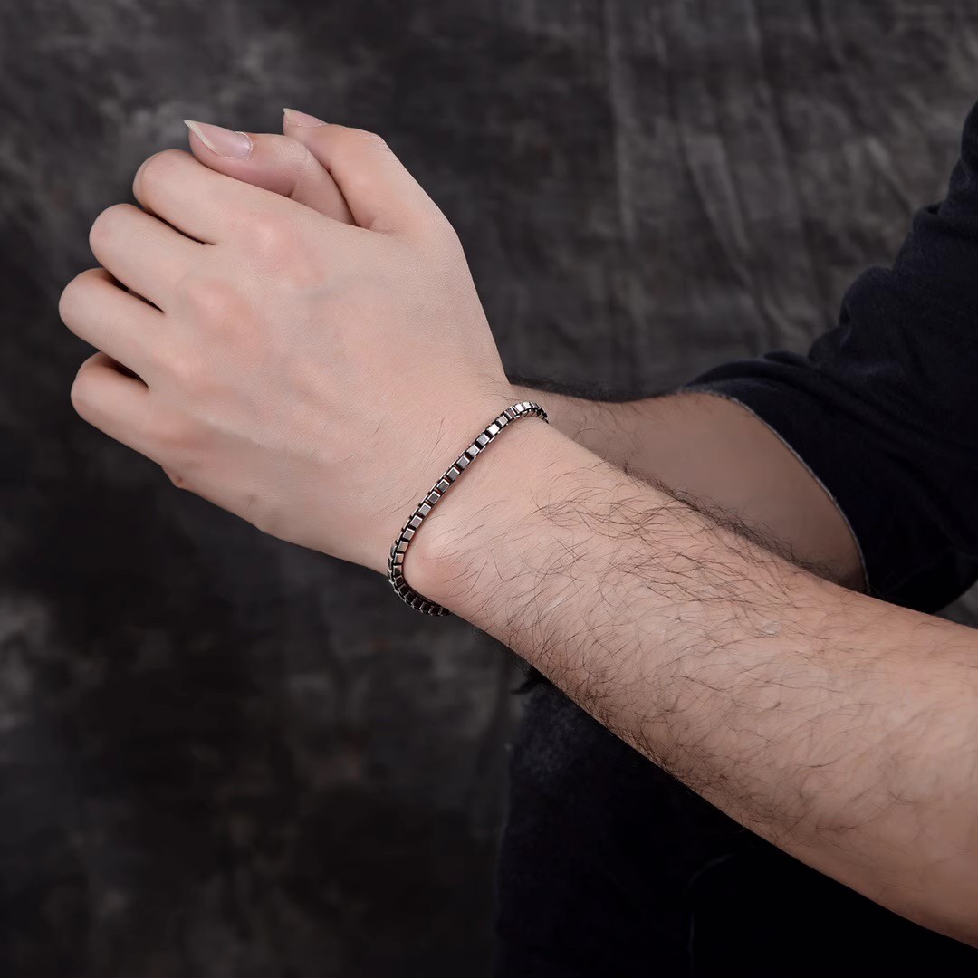 S925 Pure Silver Necklace and Bracelet Set, Simple and Versatile 4mm Men's