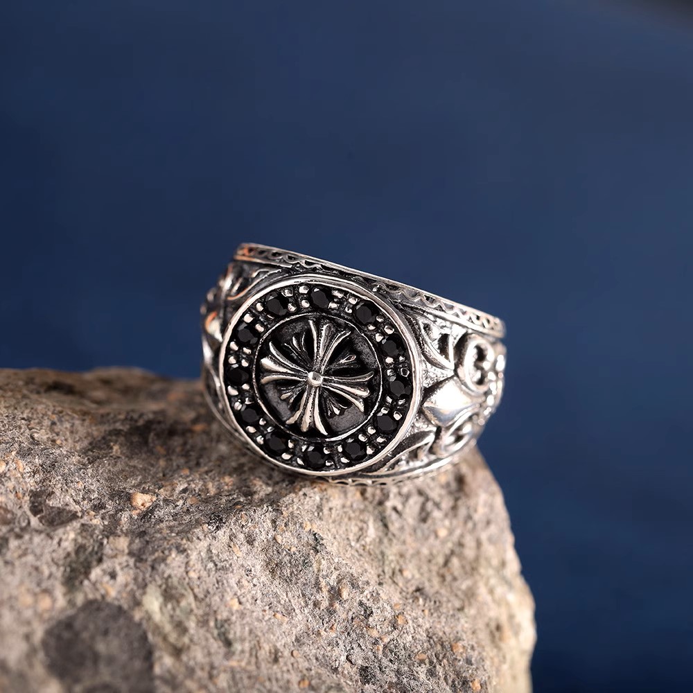 s925 sterling silver jewelry retro Thai silver simple gothic crusaders flower men's ring