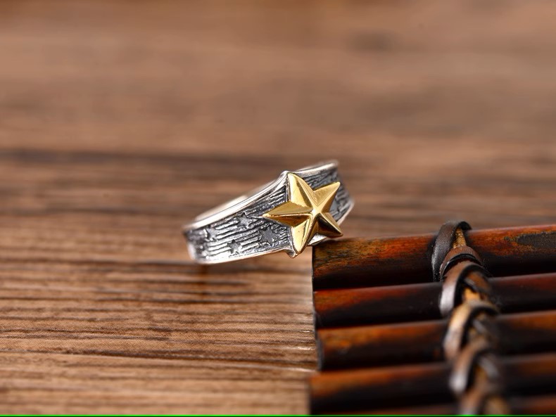 Fashion trend s925 sterling silver jewelry retro Thai silver men's and women's personalized five-pointed star ring tail ring