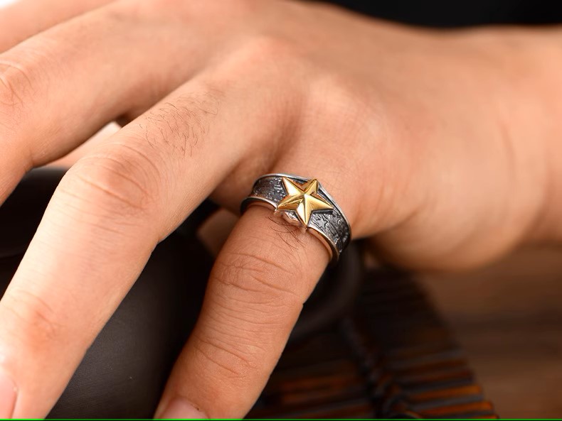 Fashion trend s925 sterling silver jewelry retro Thai silver men's and women's personalized five-pointed star ring tail ring