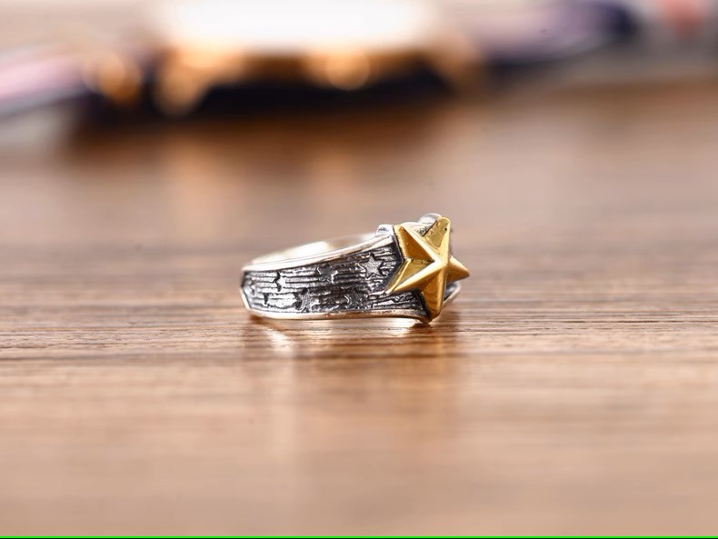 Fashion trend s925 sterling silver jewelry retro Thai silver men's and women's personalized five-pointed star ring tail ring