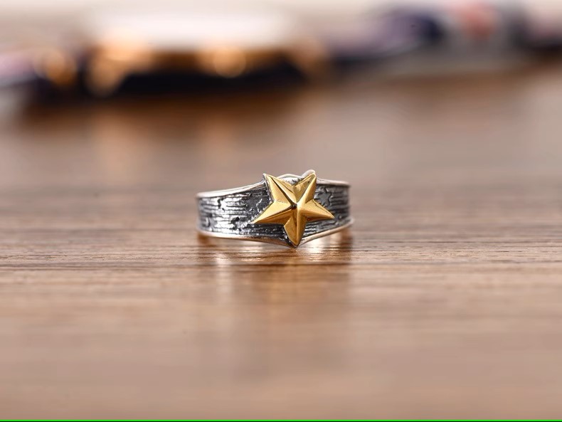 Fashion trend s925 sterling silver jewelry retro Thai silver men's and women's personalized five-pointed star ring tail ring