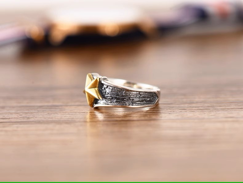 Fashion trend s925 sterling silver jewelry retro Thai silver men's and women's personalized five-pointed star ring tail ring