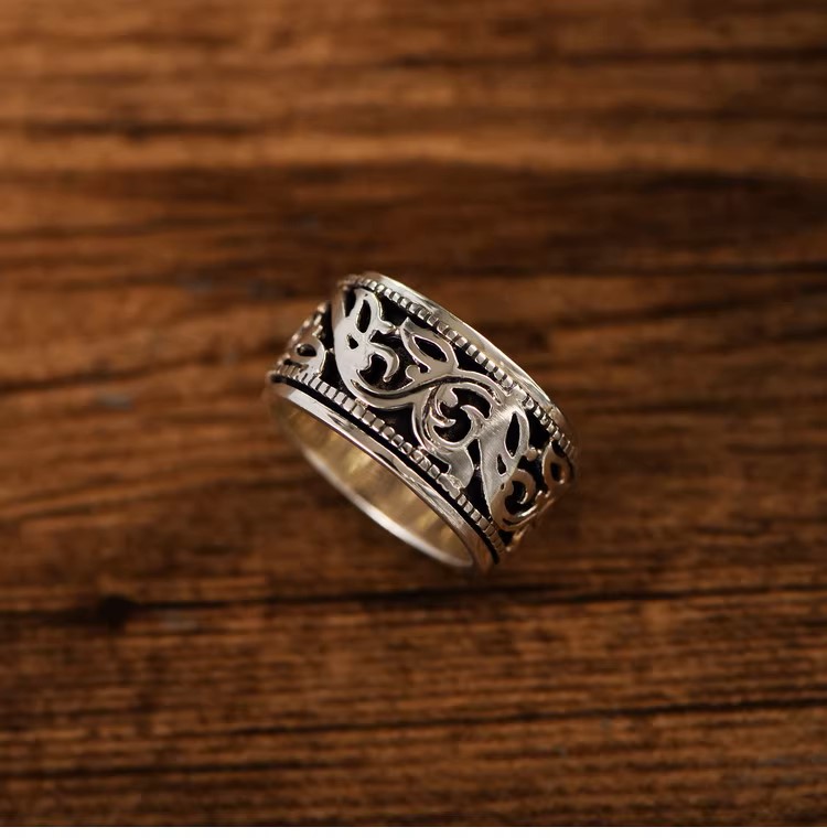 s925 sterling silver retro Thai silver fashion trend hollow ancient rattan pattern simple ring rotatable index finger men's ring