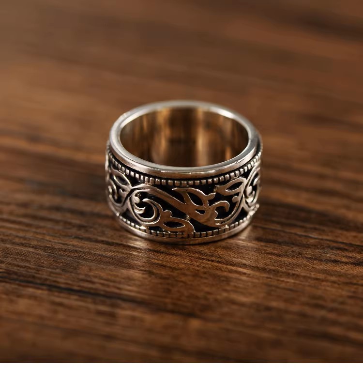 s925 sterling silver retro Thai silver fashion trend hollow ancient rattan pattern simple ring rotatable index finger men's ring