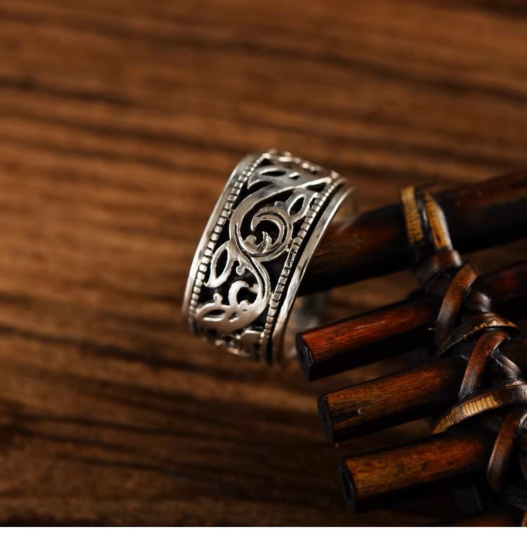 s925 sterling silver retro Thai silver fashion trend hollow ancient rattan pattern simple ring rotatable index finger men's ring