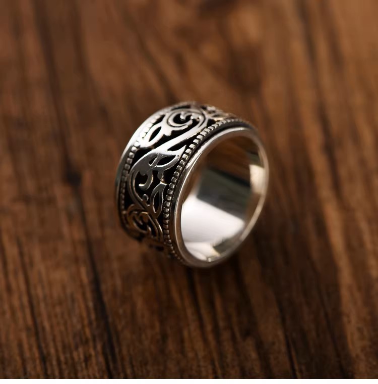 s925 sterling silver retro Thai silver fashion trend hollow ancient rattan pattern simple ring rotatable index finger men's ring