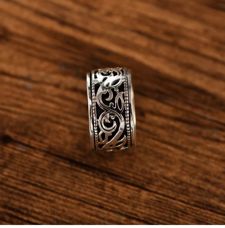 s925 sterling silver retro Thai silver fashion trend hollow ancient rattan pattern simple ring rotatable index finger men's ring