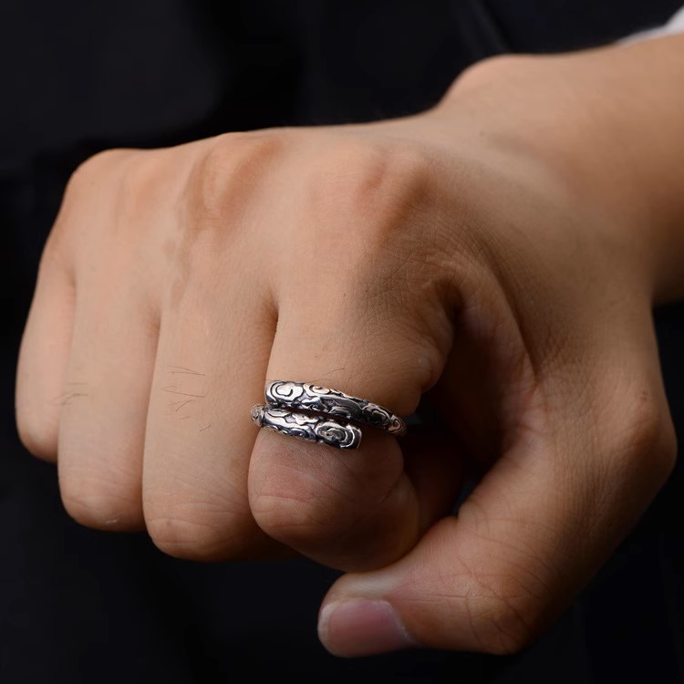 s925 sterling silver retro Thai silver old Monkey King gold hoop fashion couple tight hoop personalized open ring