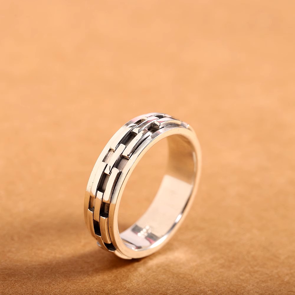 s925 sterling silver fashion trend personality geometric pattern braided men's rotatable index finger aged Thai silver ring