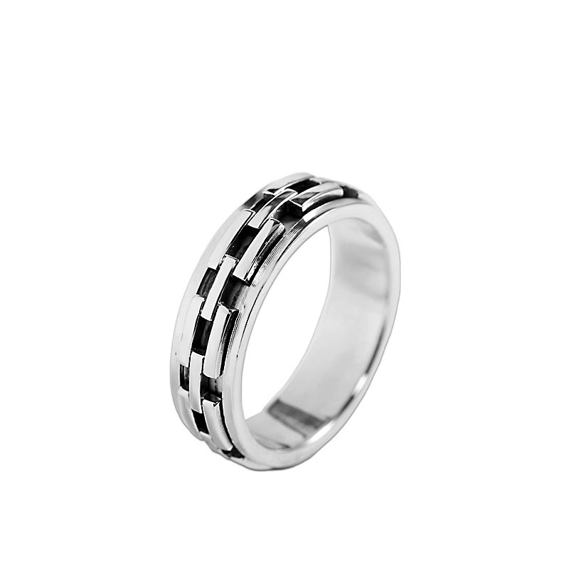 s925 sterling silver fashion trend personality geometric pattern braided men's rotatable index finger aged Thai silver ring