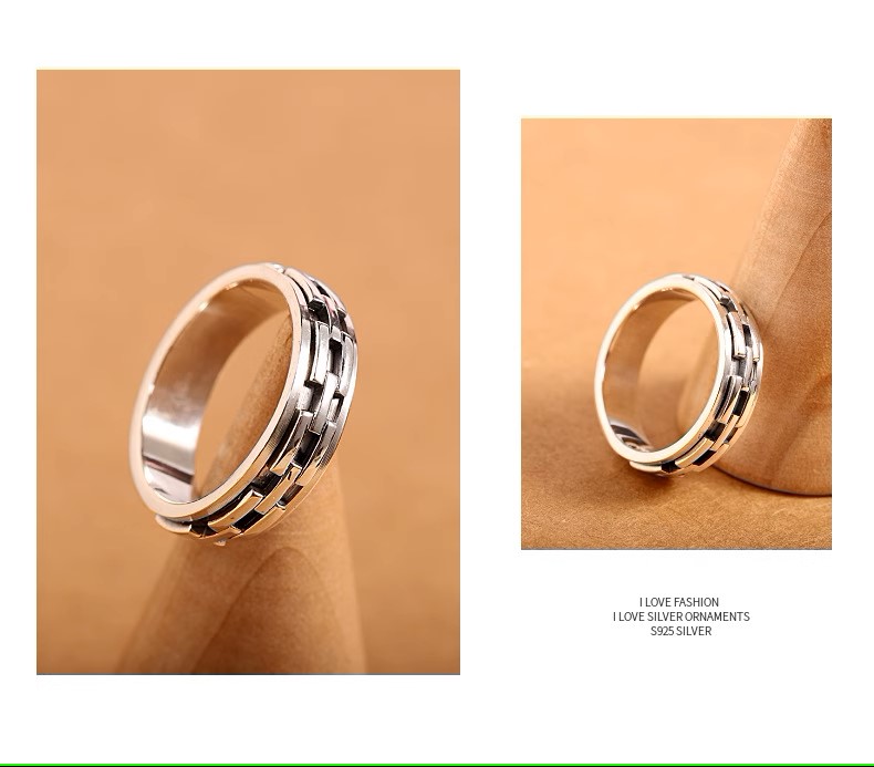 s925 sterling silver fashion trend personality geometric pattern braided men's rotatable index finger aged Thai silver ring
