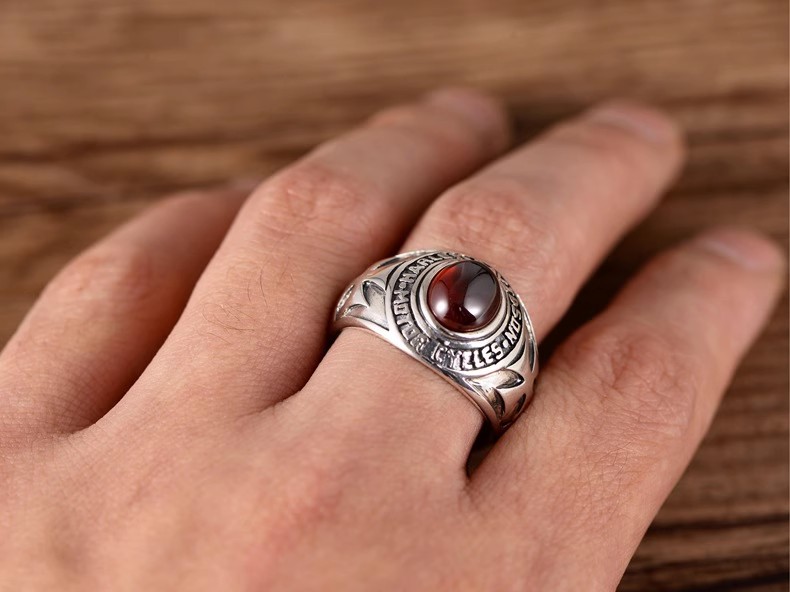 S925 silver jewelry vintage Thai Silver European and n personality crusader flower vampire black agate garnet ring man