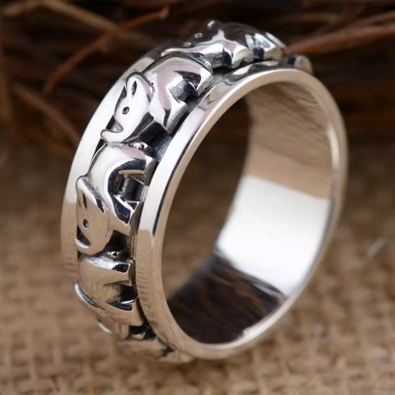 s925 sterling silver jewelry fashion trend personality three-dimensional relief elephant rotating men and women fashionable coup