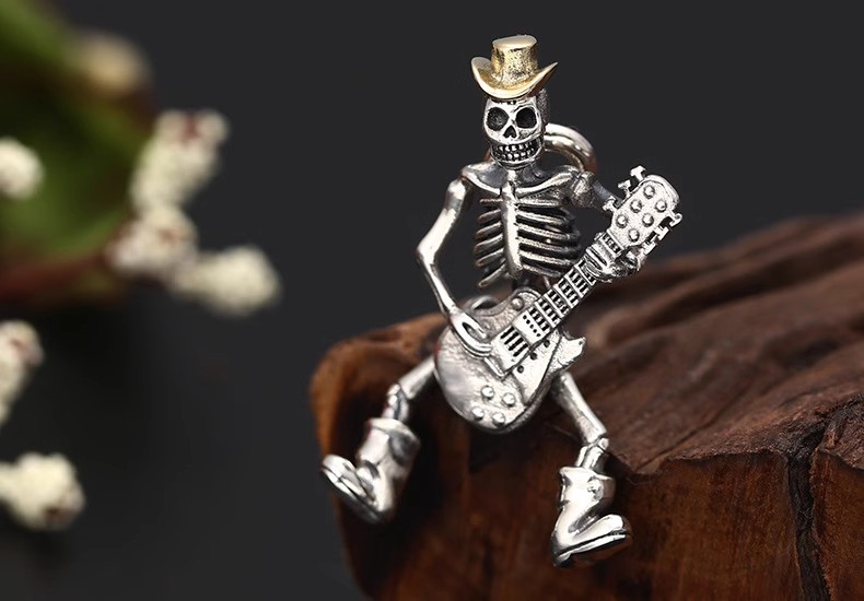 S925 sterling silver jewelry Punk Rock guitarist skull pendant men's Thai silver pendant