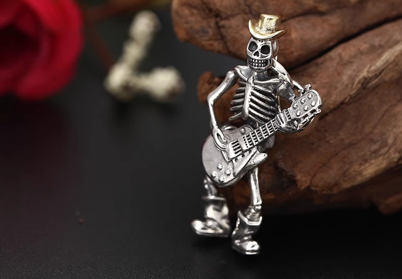S925 sterling silver jewelry Punk Rock guitarist skull pendant men's Thai silver pendant