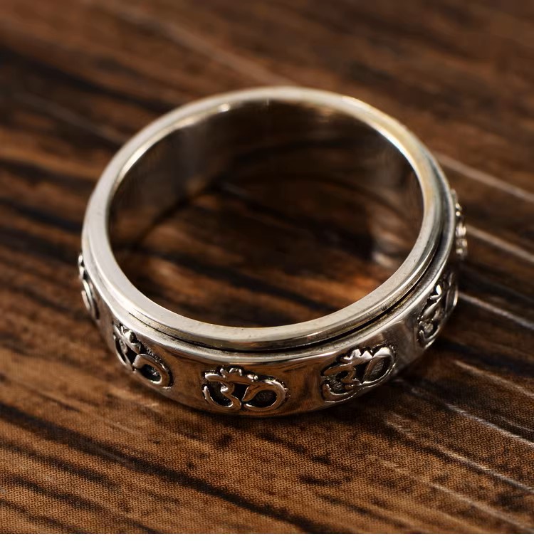 s925 sterling silver jewelry retro fashion trend men's and women's Sanskrit six-character mantra simple rotatable ring ring