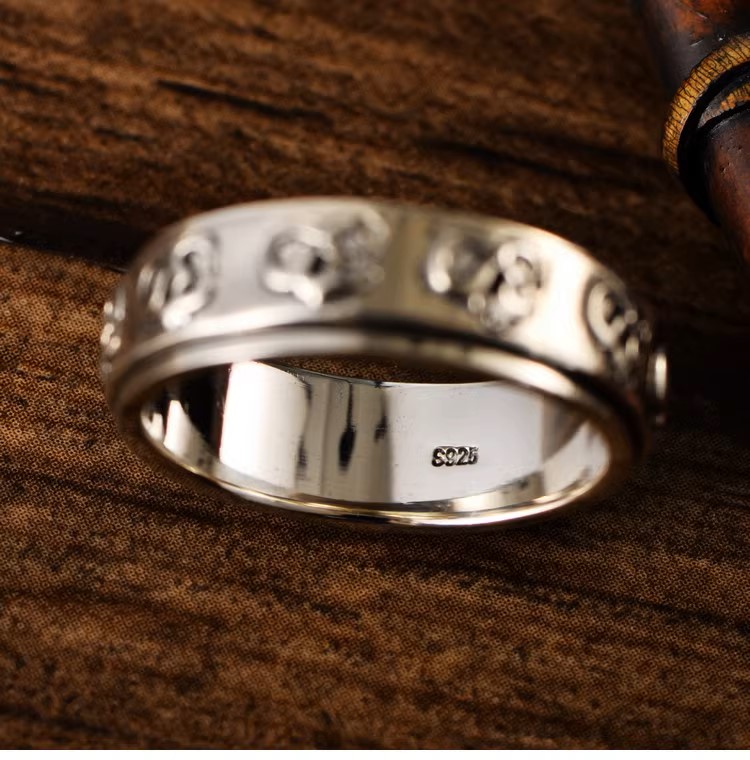s925 sterling silver jewelry retro fashion trend men's and women's Sanskrit six-character mantra simple rotatable ring ring