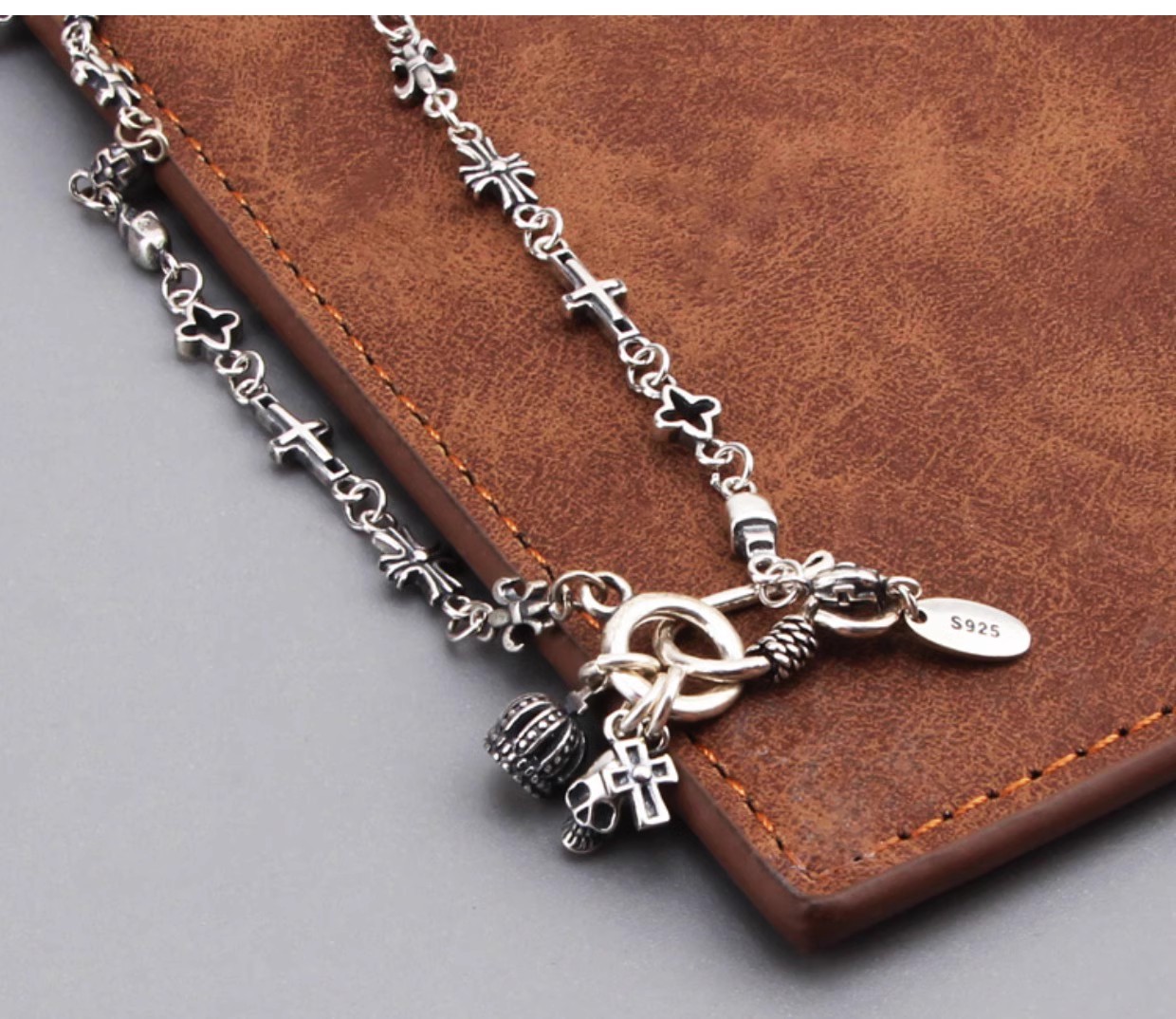 S925 sterling silver vintage cross crown skull multi-element necklace Korean and Japanese style versatile unisex collarbone chai