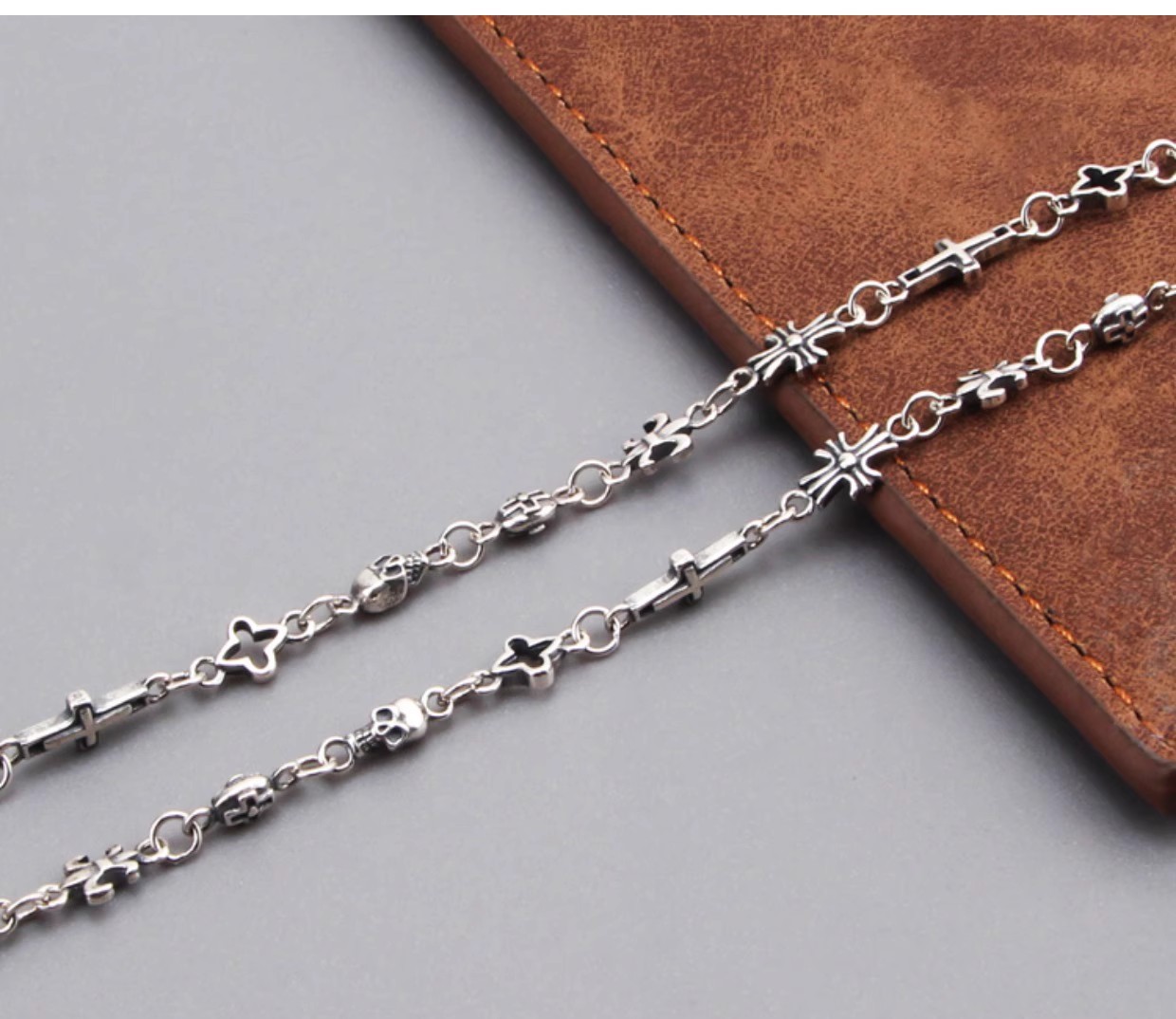 S925 sterling silver vintage cross crown skull multi-element necklace Korean and Japanese style versatile unisex collarbone chai