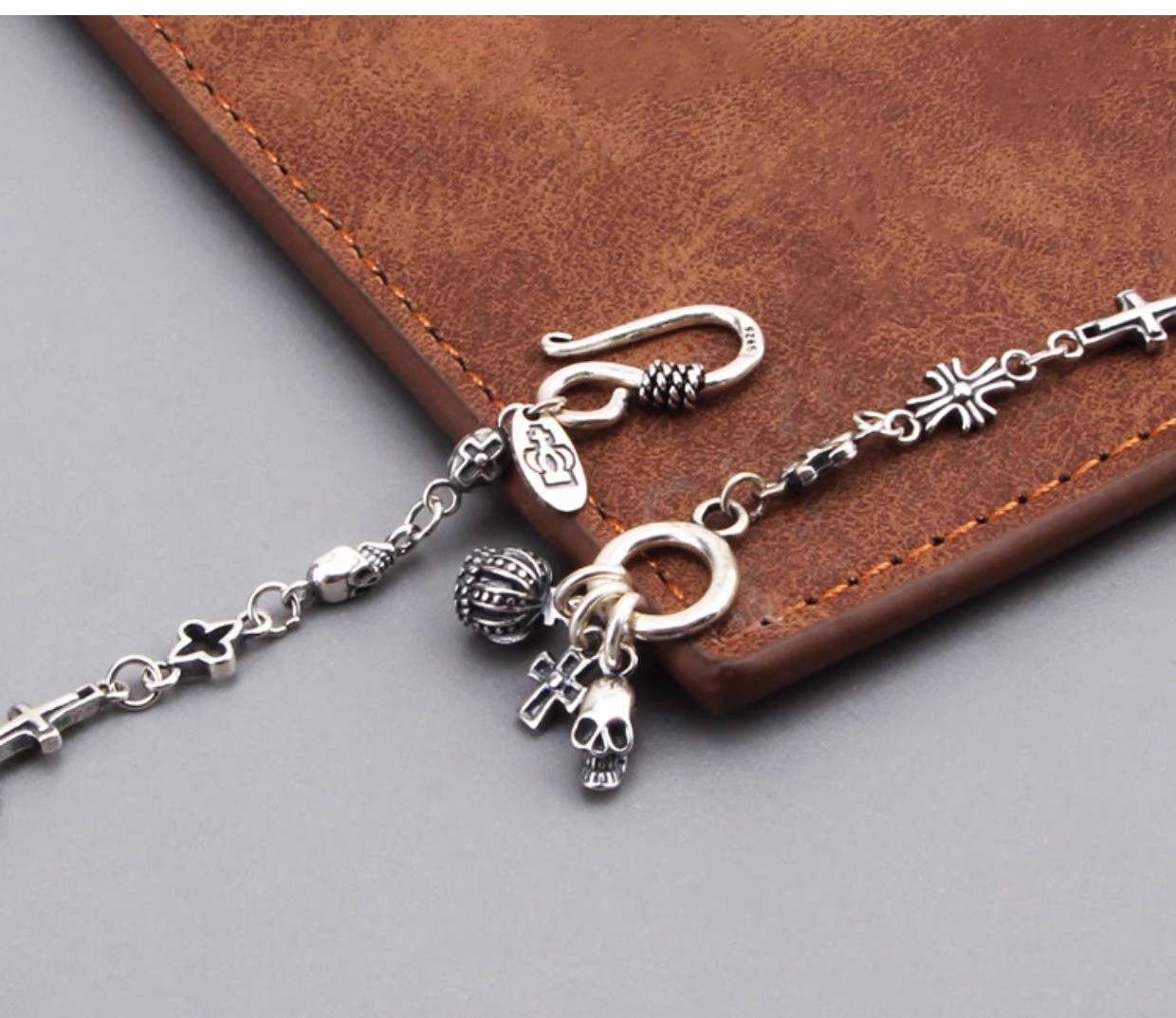 S925 sterling silver vintage cross crown skull multi-element necklace Korean and Japanese style versatile unisex collarbone chai