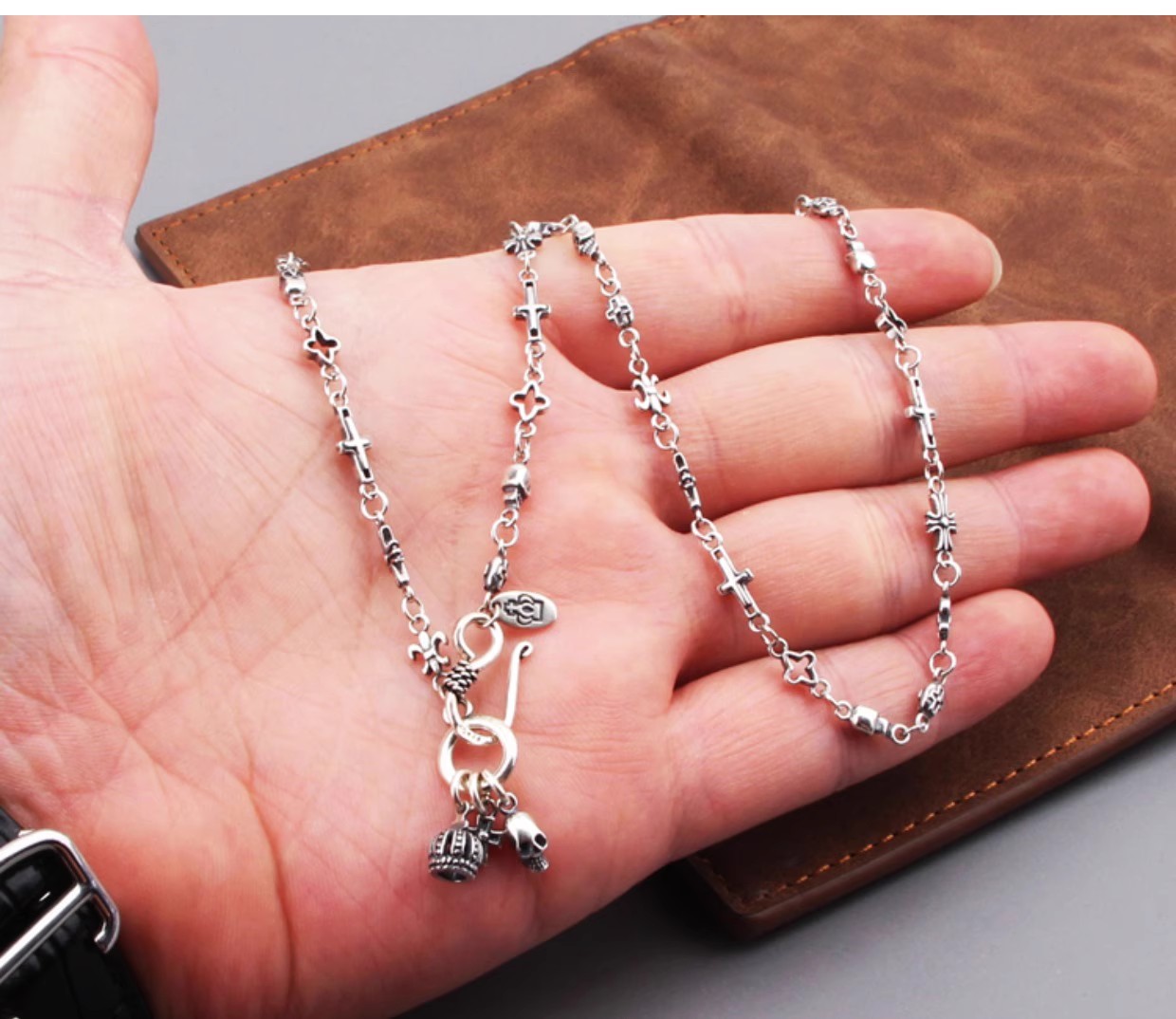 S925 sterling silver vintage cross crown skull multi-element necklace Korean and Japanese style versatile unisex collarbone chai