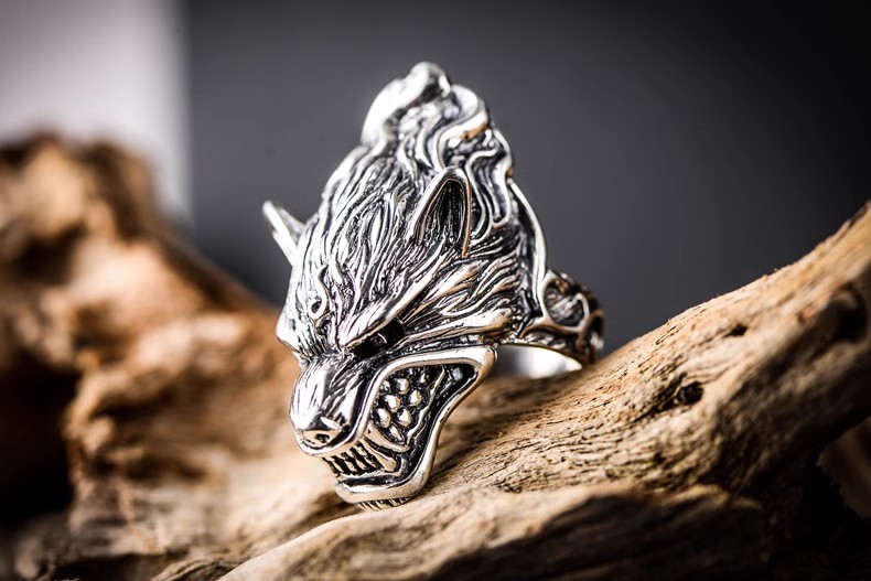 S925 sterling silver retro Thai silver domineering rugged wolf-head totem ring fashion men's index finger ring